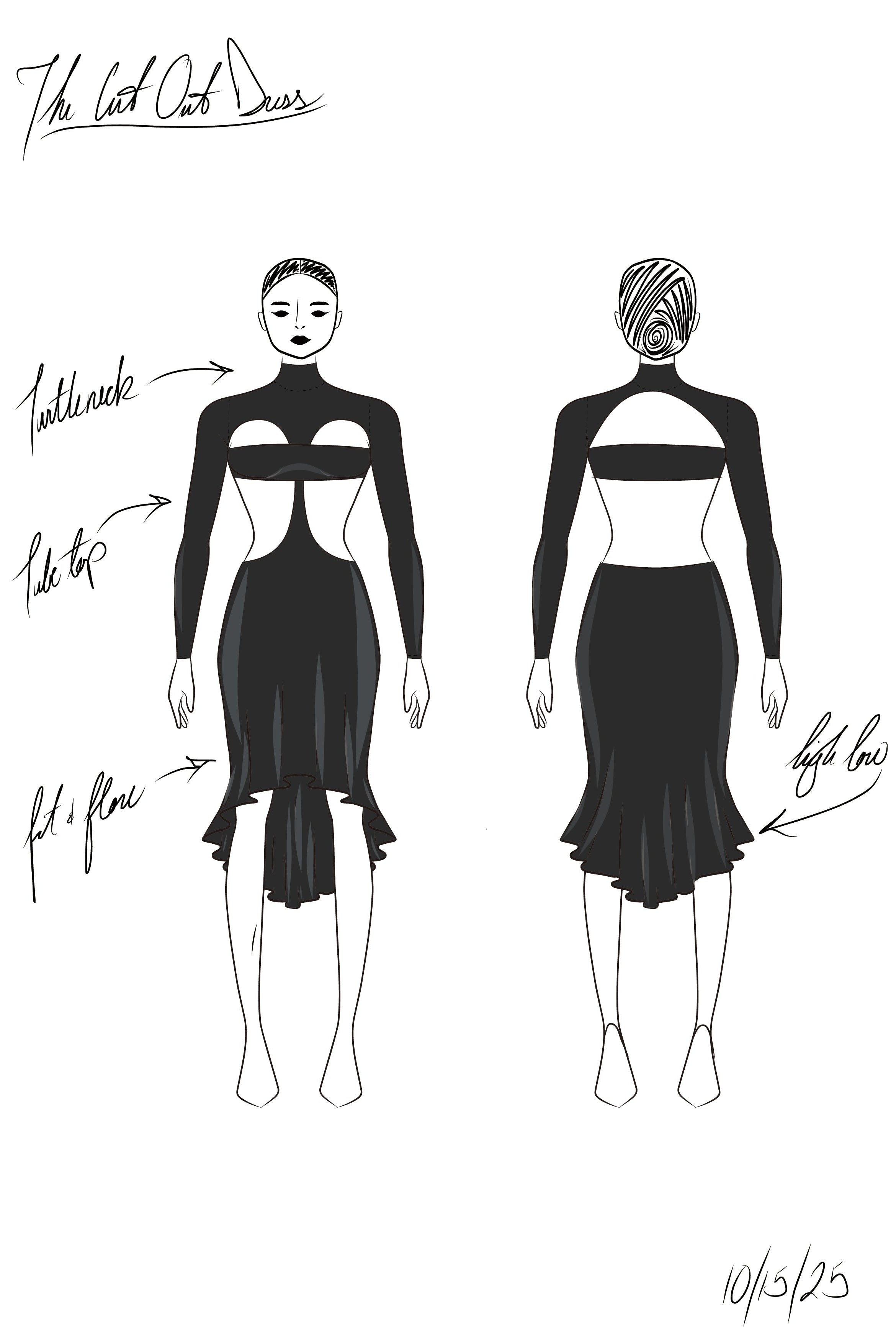 Black and white fashion design illustration of a dress with labeled features on a white background.