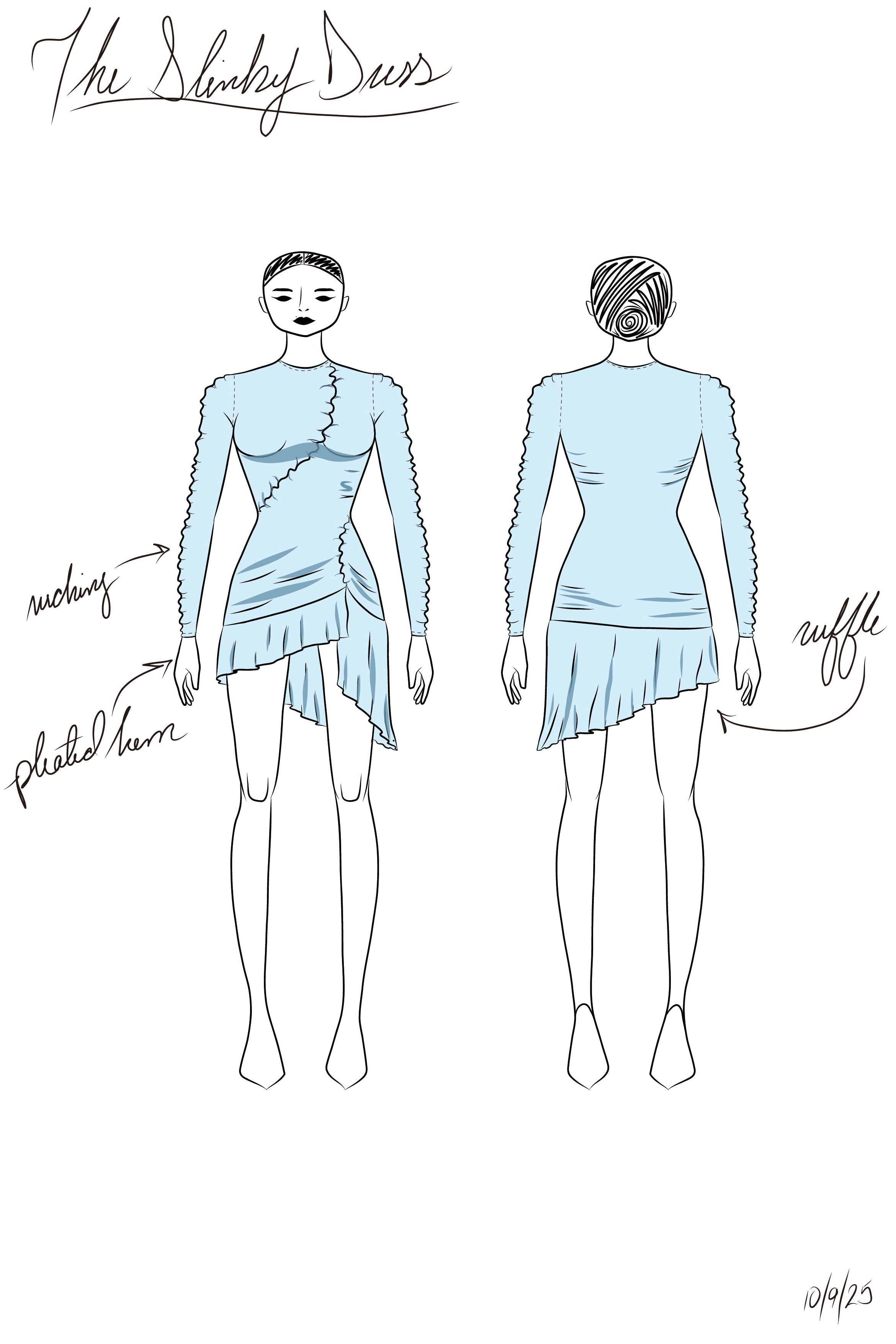 Design sketch of a light blue dress with labeled details on a white background.